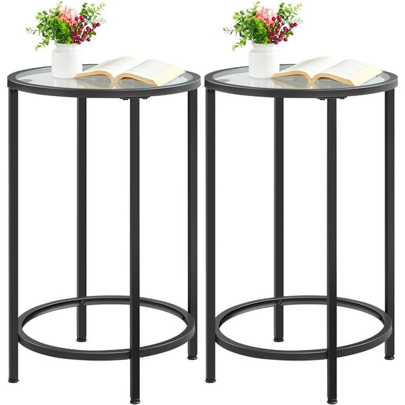 Black Glass End Table Set of 2, Round Side Table Modern Style Tall End Table Accent Table with Glass Top & Metal Frame, 2pcs Glass Side Table for Living Room, Balcony, Bedroom