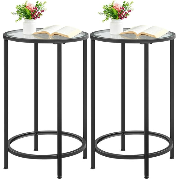 Black Glass End Table Set of 2, Round Side Table Modern Style Tall End Table Accent Table with Glass Top & Metal Frame, 2pcs Glass Side Table for Living Room, Balcony, Bedroom