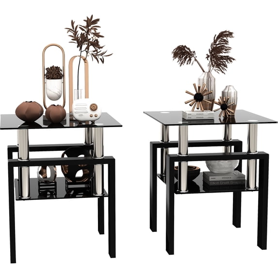 Black Glass End Tables Living Room Set of 2, Small Glass Table, Black Side Table with Tempered Glass Top, Metal Frame, for Living Room Bedroom (All Black, 2Pcs End Tables)