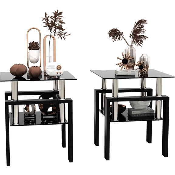 Black Glass End Tables Living Room Set of 2, Small Glass Table, Black Side Table with Tempered Glass Top, Metal Frame, for Living Room Bedroom (All Black, 2Pcs End Tables)