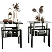 Black Glass End Tables Living Room Set of 2, Small Glass Table, Black Side Table with Tempered Glass Top, Metal Frame, for Living Room Bedroom All Black, 2Pcs End Tables