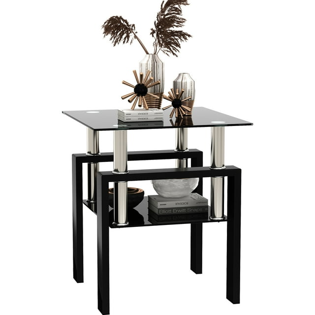 Black Glass End Tables, Small Glass Top End Table, Black Side Table