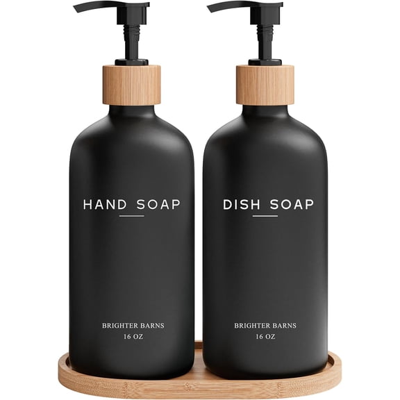 Black Glass Hand and Dish Soap Dispenser Set by - Kitchen Soap Dispenser Set with Tray - Bamboo Pump Bottles for Kitchen Sink - Boho Modern Home Decor, Neutral Home Accessories (Black)