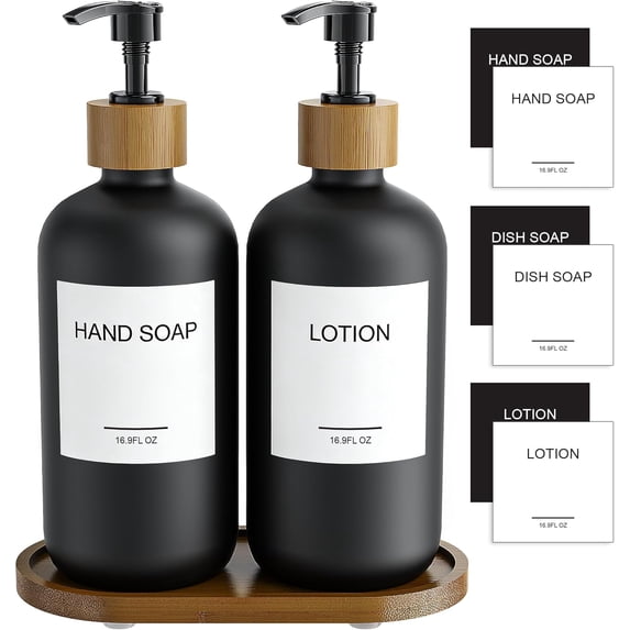 Black Glass Hand Soap and Lotion Dispenser Set with Tray, Liquid Hand Soap Dispenser and Pump, Bathroom Soap Dispenser Set, Bamboo Bathroom Accessories & Modern Bathroom Deco