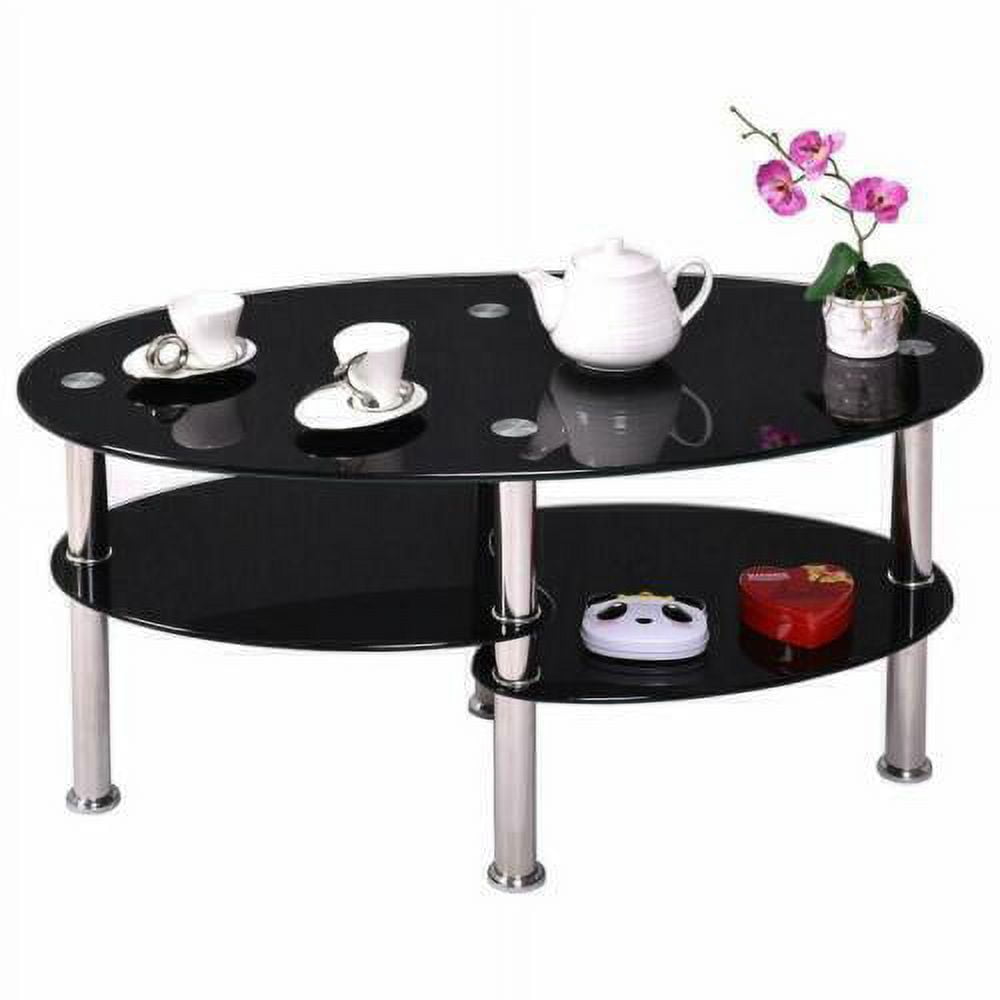 Black Glass Oval Coffee Table Side Shelf Chrome Base Living Room ...