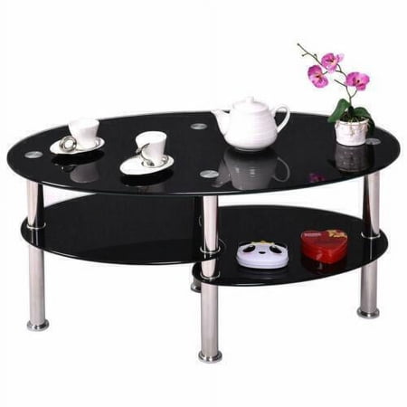 Black Glass Oval Coffee Table Side Shelf Chrome Base Living Room