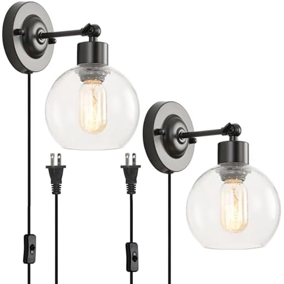Black Glass Plug in Wall Sconces Set of 2, Dimmable Glass Globe Wall Lights Bedroom, E26 Wall Mounted Lamp with Cord and Switch, 180Adjustable Wall Sconce Lighting for Mirror, Living Room(2)