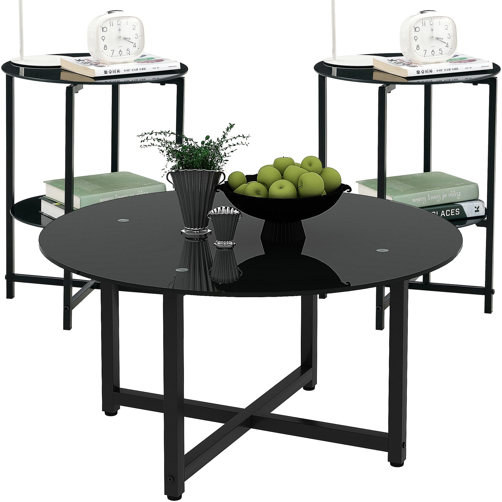 Black Glass Round Coffee Table Set Of 3