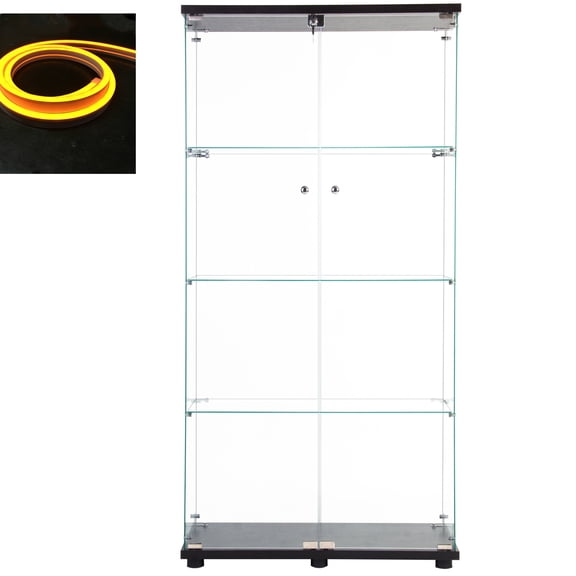 Black Glass Shelf Cabinet With Led Strip, , 12 Color Choices 4-shelf Storage, Remote Control & Options