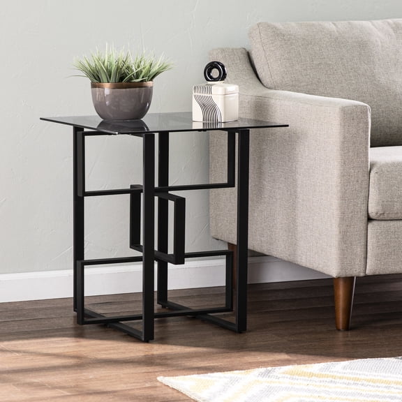 Black Glass-top Side Table With Geometric Metal Construction Modern Iron Accent Square Glass Top And Base