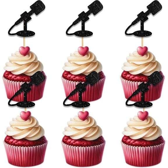 Black Glitter 10pcs Cupcake Topper for Microphone Music Theme Party Favors Decorations Women Girls Happy Birthday DJ Disco Party Decor Supplies 10pcs