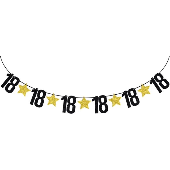 Black Glitter 18 18 18 18 18 18 Banner, Happy 18th Birthday/18 & Adultish, Funny 18th Birthday Party Decations Supplies