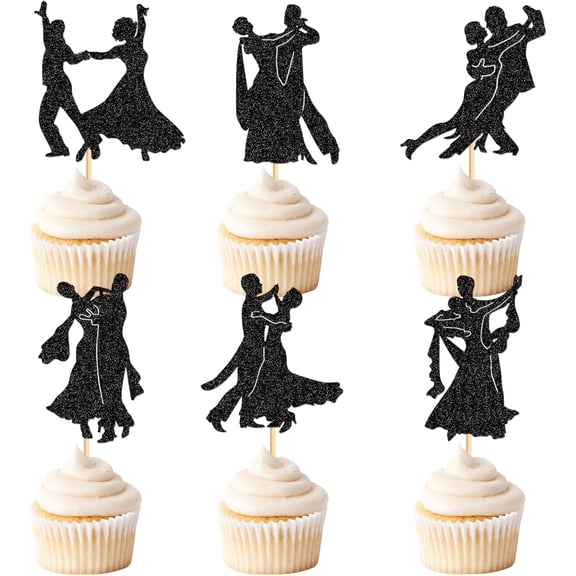 Black Glitter Ballroom Dancing Couple Silhouette Cupcake Toppers 12Pcs Waltz Dance Partner Cupcake Picks for Dance Competition Wedding Anniversary Party Cake Decor