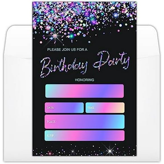 Black and Glitter Birthday Party Invitations Cards with Envelopes, Modern Party Invitations, Birthday Celebration Supplies, Double-sided Fill-in bday Invites for Boys Girls - C11