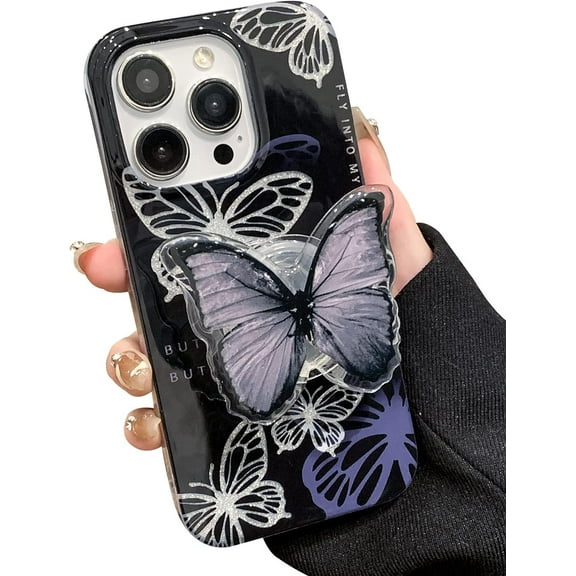 Black Glitter Butterfly Phone Case Compatible with iPhone 13 Pro, Korean 3D Cute Bling Hollow Butterfly Phone Cover with Silver Glitter Card for Women Girls