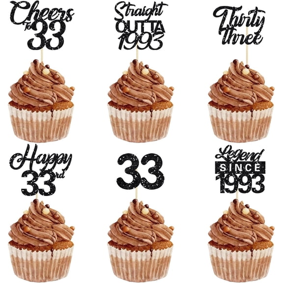 Black Glitter Cheers to 33 Straight Outta 1993 Legend Since 1993 33rd Birthday Cupcake Toppers 12Pcs Born Year Milestone Birthday Cupcake Picks