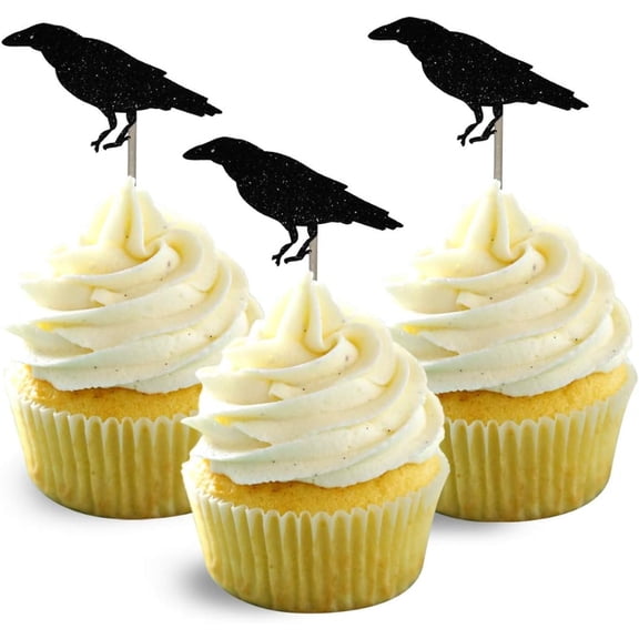 Black Glitter Crow Silhouette Cupcake Toppers, 12PCS Raven Bird Cupcake Picks for Halloween, Gothic Theme Party Cake Decorations