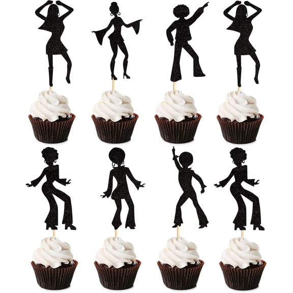 Black Glitter Disco Dancer Silhouette Cupcake Toppers 12Pcs 70s Retro Disco Party Cupcake Picks for Throwback Dance Theme Birthday Party Cupcake Decorations