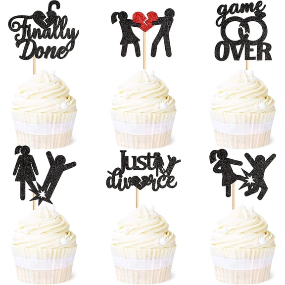 Black Glitter Divorce Finally Done Game Over Cupcake Toppers 12 Pack Funny Breakup Just Divorce Theme Cupcake Picks for Divorce Party New Chapter Celebration