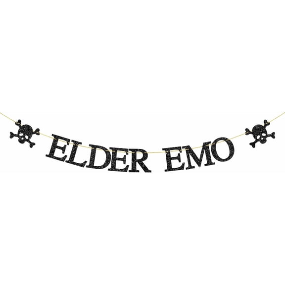 Black Glitter "Elder Emo" Banner with Skull and Crossbones Decorations, Emo/Punk Themed Party Supplies
