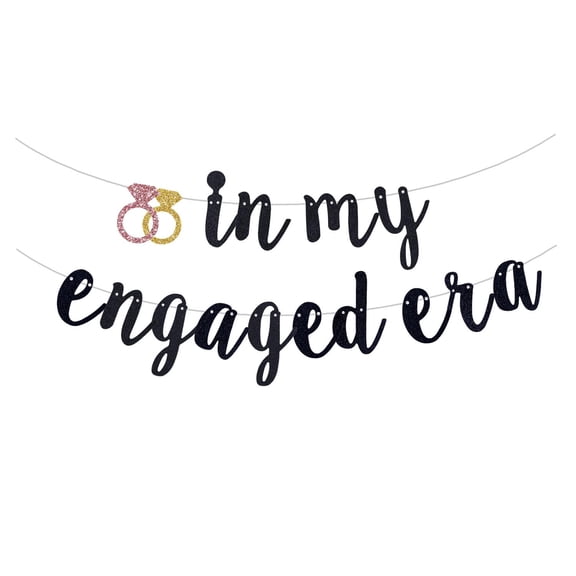 Black Glitter Engagement Party Banner, 118" x 36" Pre-Strung for Wedding/Bridal Shower