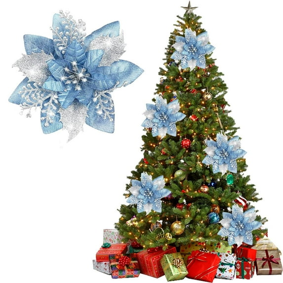 Black Glitter Flowers Verdsylv 12-Pack Christmas Glitter Flower Picks with Clips, Artificial Floral Stems for Xmas Tree Decorations, Wreaths, and Holiday Crafts, Artificial Floral Stems Clips, Blue