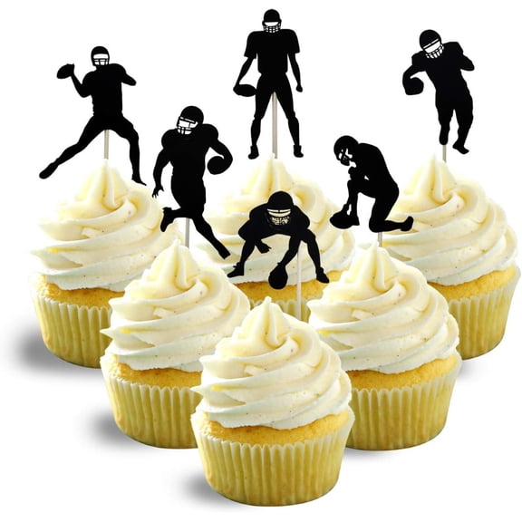 Black Glitter Football Player Cupcake Toppers, 12PCS American Football Silhouette Cupcake Picks for Super Bowl Party, Sports Theme Birthday, Game Day Cake Decorations