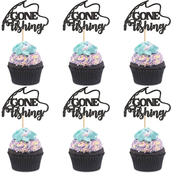 Black Glitter Gone Fishing Cupcake Toppers 12 Pack Fishing Rod Shaped Cupcake Picks for Fisherman Birthday Outdoor Fishing Theme Party Dessert Decor