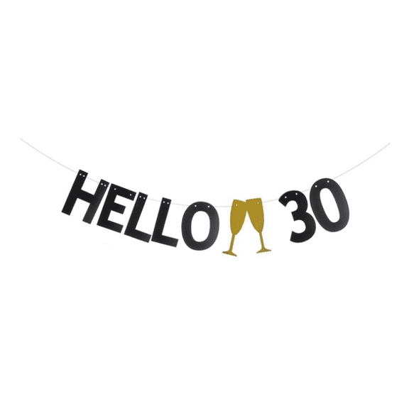 Black Glitter HELLO 30 Banner for 30 Years Old 30th Birthday Party Decorations Supplies Pre-Strung HELLO 30