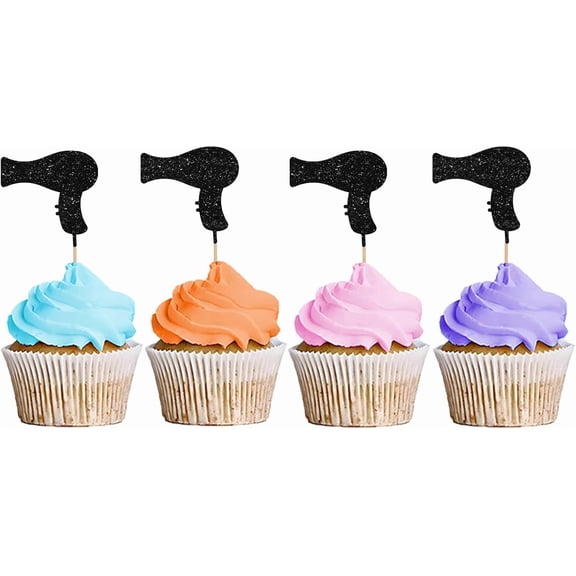 Black Glitter Hair Dryer Cupcake Toppers, 12 Count Hair Salon Theme Cupcake Picks, Hairstylist Birthday Beauty Party Cake Decorations