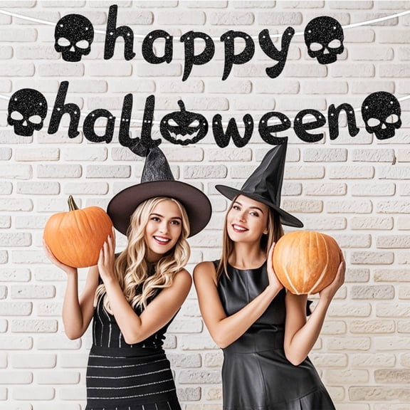 Black Glitter Halloween Banner Hanging Flags Skull Pumpkin Flags and Rope for Party Wall Ceiling Decorations Clearance