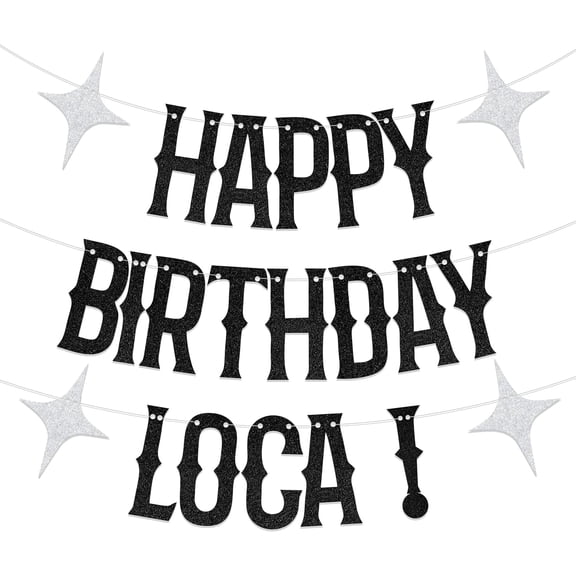 Black Glitter Happy Birthday Loca Banner with Silver Star Cutouts, Spanish Themed Birthday Party Supplies