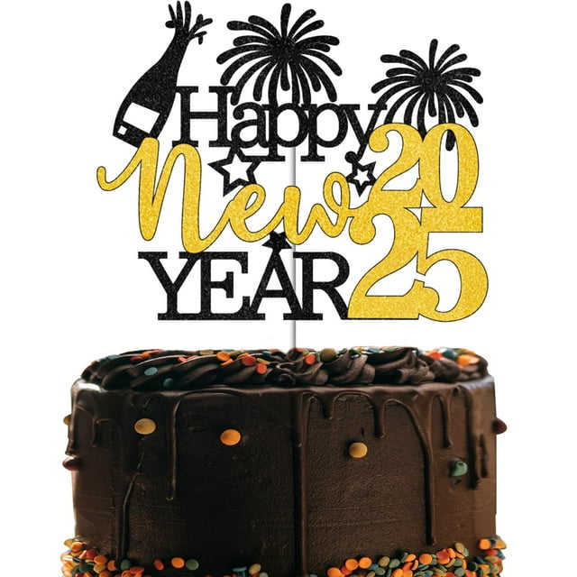 Black Glitter Happy New Year 2025 Cake Topper Happy New Year Topper