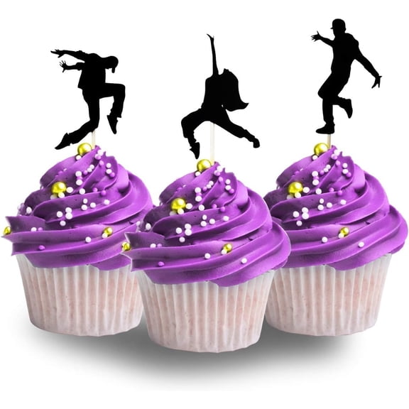 Black Glitter Hip Hop Dancer Cupcake Toppers, 12PCS Street Dance Silhouette Cupcake Picks for Dance Party, Teen Birthday Cake Decorations