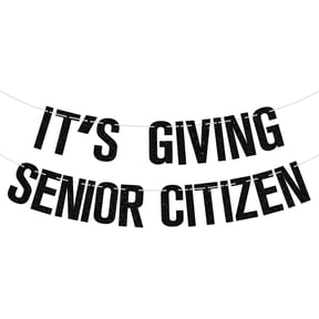 Black Glitter It's Giving Senior Citizen Two Line Banner, Funny Retirement Birthday Party Wall Hanging Bunting Decor