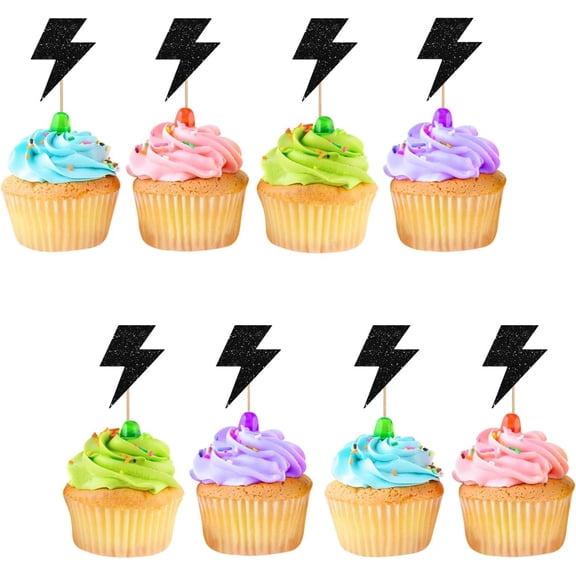 Black Glitter Lightning Bolt Thunder Flash Cupcake Toppers 12Pcs hero Theme Birthday Party Cupcake Decor Picks