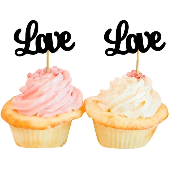 Black Glitter Love Cupcake Toppers, Cursive Word Cupcake Picks for Wedding Anniversary Valentines Day Party Decorations, 12Pcs