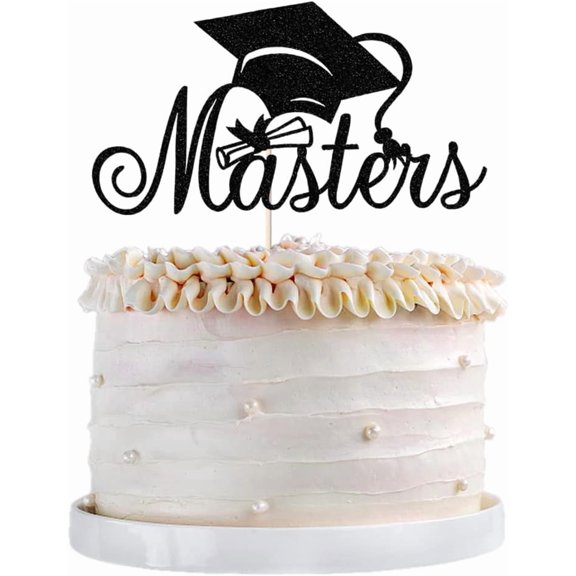 Black Glitter Masters Graduation Cake Topper with Grad Cap & Diploma, Master Degree Graduation Party Cake Decor Pick for Graduation Celebration 1 Pack