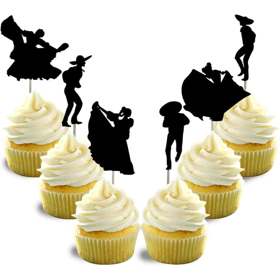Black Glitter Mexican Folk Dance Couple Cupcake Toppers, 12PCS Fiesta Dancer Silhouette Cupcake Picks for Cinco De Mayo, Spanish Theme Party Cake Decorations