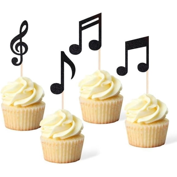 Black Glitter Music Note Cupcake Toppers, Treble Clef Picks for Rock Concerts, Themed Parties, and Birthdays, 12 Count