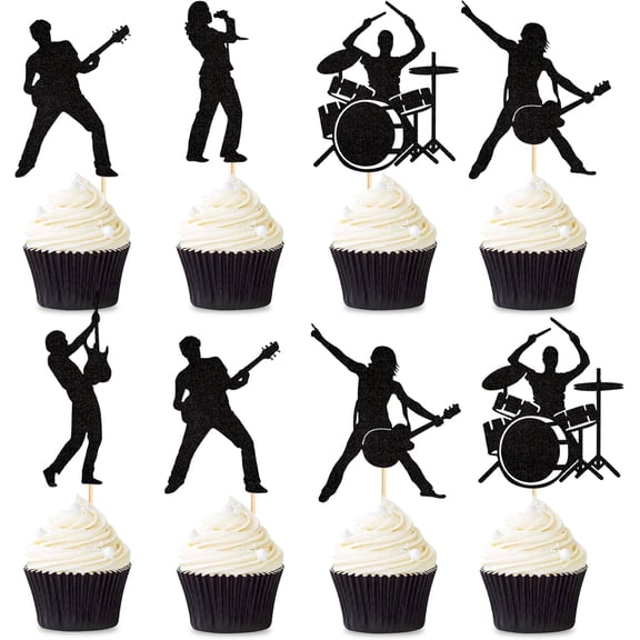 Black Glitter Musician Silhouette Cupcake Toppers 12Pcs Guitar Drummer Singer Cupcake Picks for Concert Music Themed Birthday Party Cupcake Decor