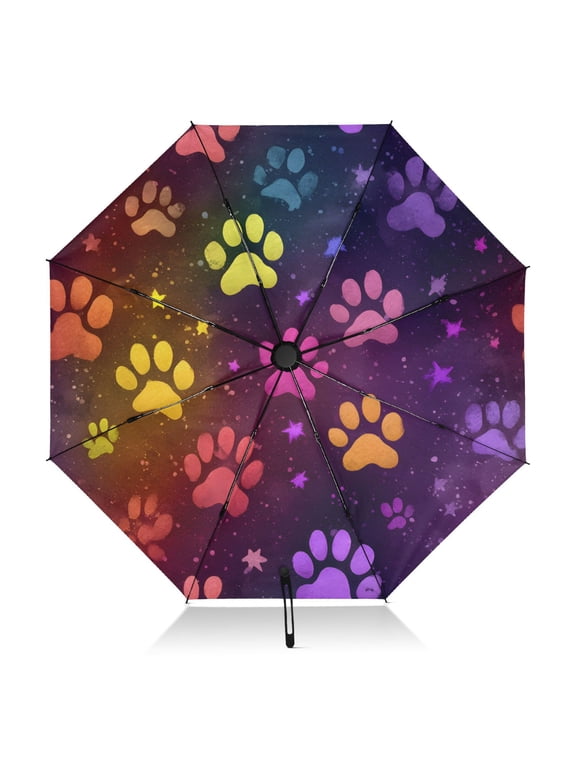 Black Glitter Paw Print Pattern Umbrella Folding Sun Umbrella Travel Auto Open Close Large UV50+ 40in