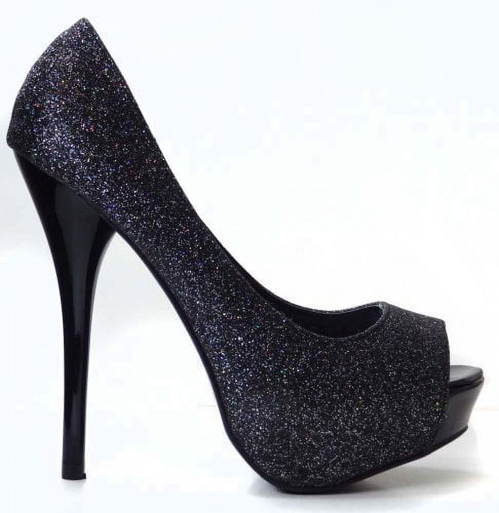 Black Glitter Peep Toe Platform Pump Stiletto Heels