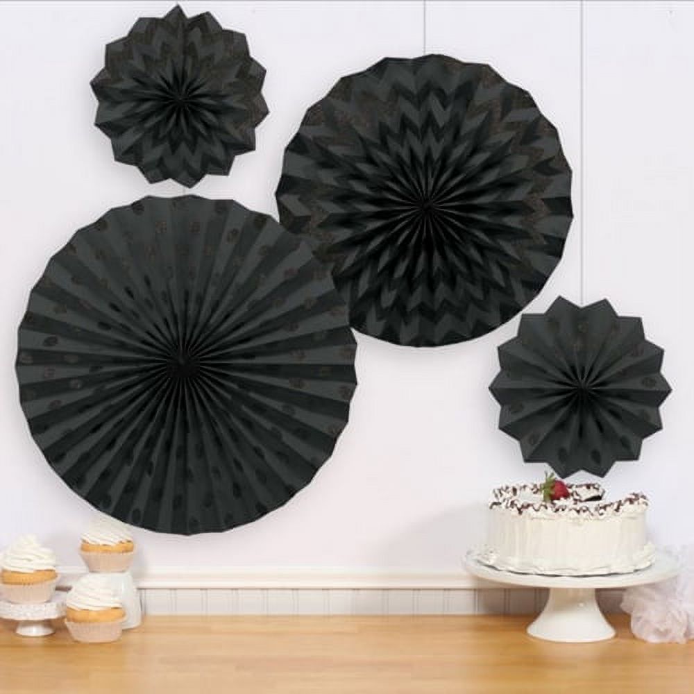 Black Glitter Printed Paper Fan Decorations (4ct)