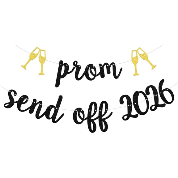 Black Glitter Prom Send Off 2026 Banner with Gold Champagne Glass Cutouts, 2026 Prom Party Decorations