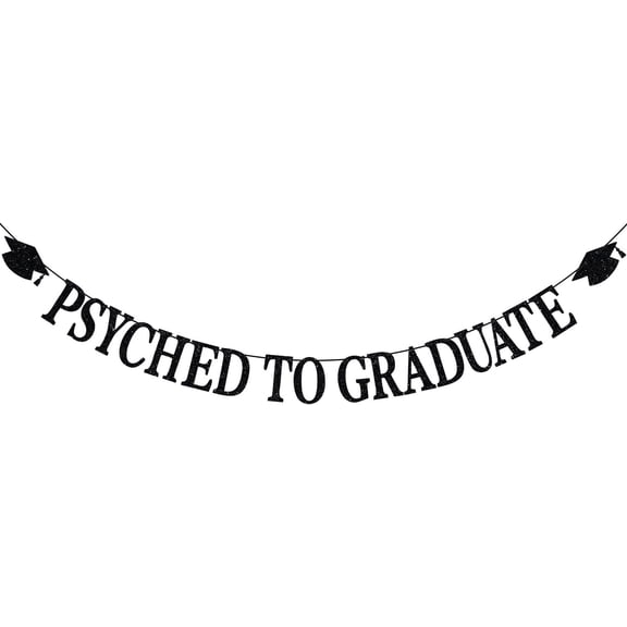 Black Glitter Psyched To Graduate Banner with Grad Cap Cutouts, Psychology College Graduation Party Wall Hanging Garland Backdrop Decor