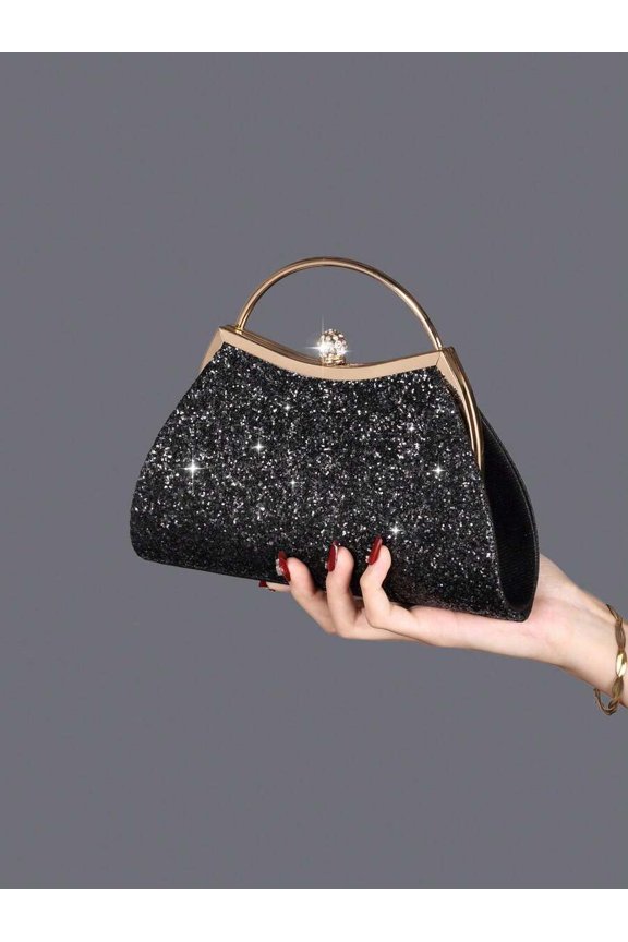 Black Glitter Sequin Metal Frame Clutch Evening Handbag