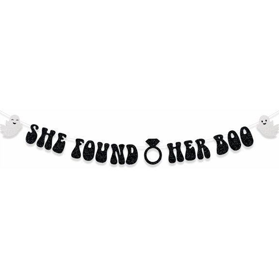 Black Glitter She Found Her Boo Banner with Ghost Cutouts, Halloween Bachelorette Party Decorations