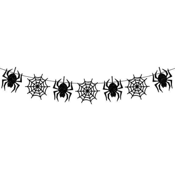 Black Glitter Spider Web Halloween Banner Polyester Garland Halloween Party Decorations Indoor Outdoor Mantel Wall Halloween Decor