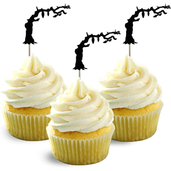 Black Glitter Spooky Dead Tree Cupcake Toppers, 12PCS Halloween Twisted Tree Silhouette Cupcake Picks for Halloween Party, Gothic Theme Cake Decorations